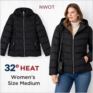 NWOT 32 Heat Black Puffer Jacket Hooded Zip Front Warm Winter Coat Size Medium